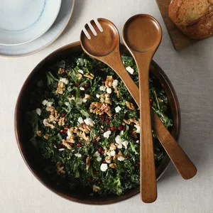 Ensemble de bols à salade en bois faits à la main, avec cuillère et fourchette, vaisselle marron pour la maison et les fêtes - Product Image 3