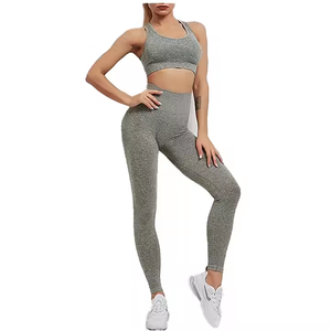 Ensemble de yoga pour femmes, leggings côtelés taille haute, soutien-gorge de sport dos nageur, 2 pièces, sans couture, longueur intégrale, gris, Spandex Polyester - Product Image 2