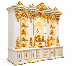Armoire de rangement de temple domestique de luxe en or blanc, éclairage LED, en teck fait main, design moderne, mobilier de temple Pooja pour la maison - Product Image 3
