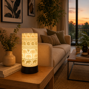 Lámpara de Mesa Moderna con Estampado de Elefante Tropical y Pantalla de Lino |   Lámpara de Noche Decorativa para Mesa de Noche |   Luz Ambiental para Sala de Estar y Dormitorio - Product Image 4