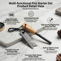 Kit de démarrage de feu avec manche en bois, outil multifonction de survie en ferrocérium avec allumeur, ouvre-bouteille, clé pour le camping, la randonnée et le bushcraft