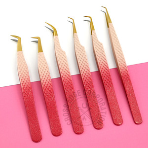 Pinzas de extensión de pestañas de fibra Pinzas de pestañas de acero inoxidable Herramienta aplicadora de pestañas de agarre Pinzas de volumen de arranque de 90 grados Color desnudo - Product Image 1