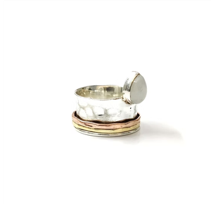 Pear Shape Rainbow Moonstone 925 <b>Silver</b> <b>Spinner</b> <b>Ring</b> Jewelry Minimalist Textured Three-Tone Fidget Band - Product Image 2