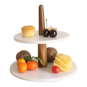Support à gâteau rond à deux niveaux avec base en bois, surface en marbre, présentoir à fruits non toxique - Product Image 1