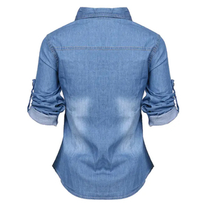 Chemise en jean pour femme, col rabattu, manches trois quarts, couleur unie, haut décontracté avec poches, vêtement de printemps - Product Image 2