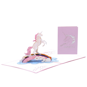 Tarjeta de Felicitación 3D Pop-Up al por Mayor, Tarjeta de Felicitación 3D Hecha a Mano con Diseño de Unicornio, Arcoíris y Nubes Rosas, Tema Mágico de Cumpleaños - Product Image 1