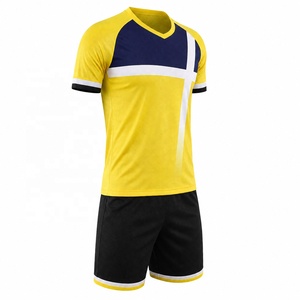 Ensemble d'uniformes de football respirants jaune et bleu 100 % polyester, maillot de football à col en V, chemise à manches courtes et short pour l'entraînement d'équipe - Product Image 2