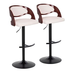 Tabouret de bar réglable Pino Mid Century Modern avec base pivotante en métal noir et bois de cerisier, revêtement en similicuir blanc et repose-pieds arrondi en forme de T - Product Image 1