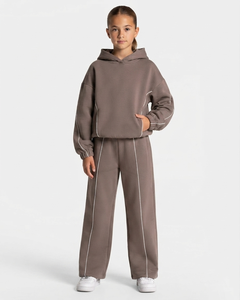 Ensemble survêtement pour filles, sweat-shirt et pantalon de survêtement oversize en coton doux, couleur moka contrastée, fabrication OEM - Product Image 1