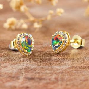 Natural Black Fire Ethiopian Opal Stud Earrings For Women Vintage Minimalist 925 Sterling Silver 14K <b>Gold</b> Plated - Product Image 3