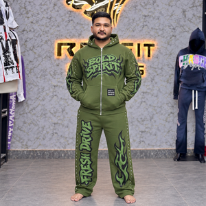 Mens Custom Hooded Tracksuit Flame Print Rhinestone <b>Wide</b> <b>Leg</b> <b>Jogger</b> Pants Cotton Fleece Winter Wear Custom Label Set - Product Image 1