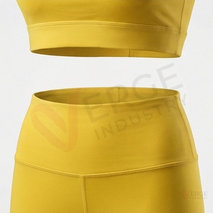 Women Navy Blue Ribbed Long Sleeve Crop Top High Waist Shorts Yoga 2 Piece <b>Set</b> <b>Square</b> Neck Spaghetti Strap - Product Image 5