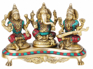 Idole multicolore en laiton de Laxmi, Ganesha et Saraswati, style traditionnel, pour les festivités de Diwali, au meilleur prix - Product Image 3