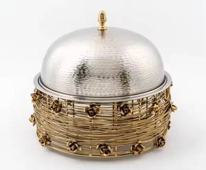 Gold <b>Wire</b> <b>Basket</b> Wooden Food Warmer Foldable Eco-Friendly Dome Lid Floral Accent Premium Casserole Catering Buffet Server - Product Image 1