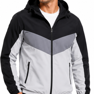 Veste coupe-vent pour homme sur mesure OEM, fermeture éclair intégrale, noir et gris contrastés, trois couleurs, veste de sport légère à capuche - Product Image 2