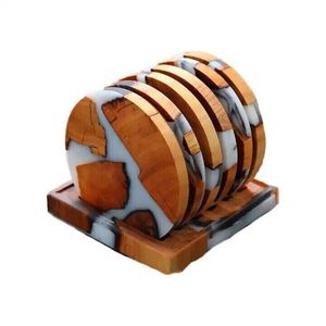 Wholesale Custom <b>Epoxy</b> <b>Resin</b> Wood Coasters Set Luxury Handmade Round Wooden Drink Cup Mat with Holder <b>Table</b> Decor Gift Coasters - Product Image 1
