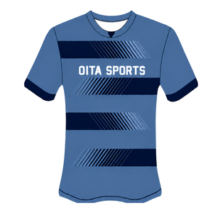Maillot de rugby bleu acier et noir à manches courtes, col rond, respirant, pour l'entraînement d'équipe, performance sportive, uniforme de sport - Product Image 1