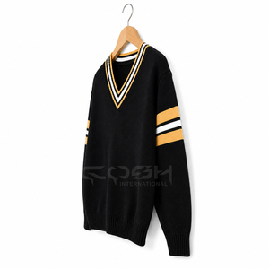 Cardigan en tricot noir, jaune et blanc pour femme Cosh International, col en V, manches longues, rayures contrastées, style preppy - Product Image 3