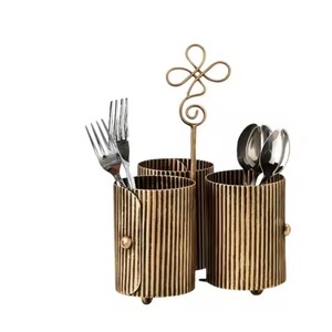 Metal Cutlery Caddy Set Cylindrical Rustic <b>Kitchen</b> Double Tier <b>Storage</b> Holder Durable Standing Type Tableware <b>Rack</b> Caddy - Product Image 1