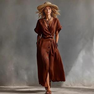 Premium <b>Yellow</b> <b>Linen</b> 100% Cotton Eco-Friendly Maxi <b>Dress</b> V-neck Cap Sleeve Wrap Style Breathable A-Line Silhouette Natural Waist - Product Image 3