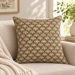 RIDHI Handmade Green Pink Floral 100% Cotton Bohemian Throw Pillow <b>Cover</b> Block Print Piping Removable Reusable for Bedroom <b>Sofa</b> - Product Image 1