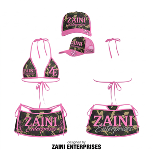 Conjunto de Bikini Premium de 220 GSM, 100% Poliéster, Cintura Alta, Color Rosa, Estampado Digital Personalizado en Contraste, Bordado a Mano en la Parte Delantera, Servicio OEM - Product Image 1