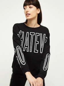 Sweat-shirt noir surdimensionné pour femme avec imprimé lettres blanches, épaules tombantes, manches longues, col rond, en coton tricoté, haut d'automne - Product Image 3