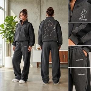 Ensemble de survêtement pour femme gris anthracite et noir avec veste zippée, imprimé minimaliste, pantalon de jogging ample à jambes larges en coton respirant - Product Image 3