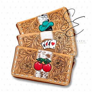Cartera de cuero repujado a mano para mujer, de piel de vaca con pelo, con cremallera, diseño de cartas de póker personalizadas, cerezas y sombrero de vaquero, OEM al por mayor - Product Image 1