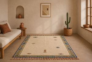 Tapis berbère marocain fait main en laine, noué à la main, minimaliste, style Beni Ourain, avec bordure tribale - Product Image 3
