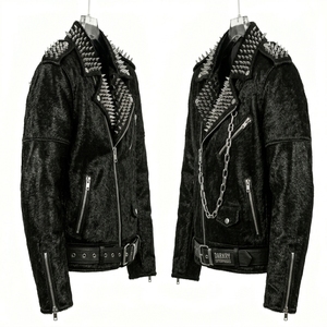 Custom Wholesale Mens Heavy Studded Calf Hair On Hide Genuine Leather <b>Jacket</b> Manufacturing <b>Biker</b> Punk Spikes Outerwear Supplier - Product Image 3