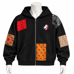 <b>Black</b> Tapestry Patchwork Zip Up <b>Hoodie</b> Oversized Full <b>Zipper</b> Hooded Sweatshirt Printed Patch Casual Streetwear Jacket Men - Product Image 1