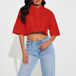 Hot Sale Women's Red Crop Top <b>Button</b> Down <b>Shirt</b> <b>Half</b> Sleeve Poplin Casual Solid Color Front Pocket Spring Summer Loose Fit <b>Shirt</b> - Product Image 1