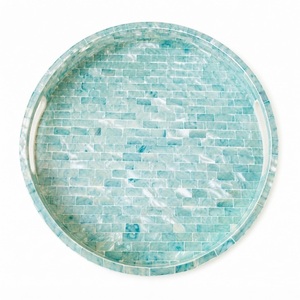 Fine Quality Mother of Pearl Tray Round <b>Mosaic</b> MOP Inlay Serving Tray with Handles Decorative Shell Coffee Table Ottoman Tray - Product Image 2