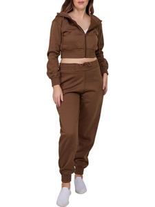 ชุดเซ็ตฮู้ดดี้ครอปและกางเกงจ็อกเกอร์สำหรับผู้หญิง สีมิงค์เข้ม ทรงหลวมไหล่ตก ผลิตในปากีสถาน ขายส่ง - Product Image 3