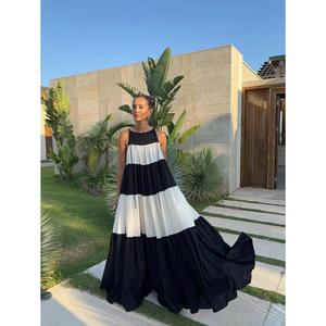 เดรสยาวผ้าฝ้ายสไตล์โบฮีเมียนสำหรับผู้หญิง คอทรงกลม แขนกุด แต่งสีสันแบบคัลเลอร์บล็อก ทรงระบาย ชุดลำลองสำหรับฤดูร้อน - Product Image 1