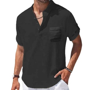 Chemise décontractée pour homme en lin et coton à manches courtes et col en V, respirante, coupe classique, couleur unie, tissu tissé - Product Image 3
