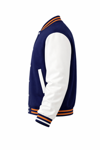 Men's Blue White Varsity Jacket Preppy Style Turn-down Collar Button Front Regular Fit Winter Outerwear Genuine Leather Shell - Product Image 6