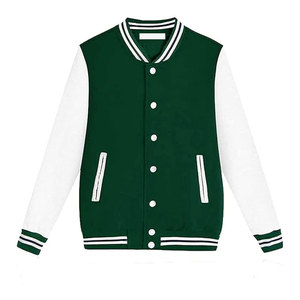 Green Varsity <b>Jacket</b> Unisex Style Fleece Material <b>White</b> Sleeve Button Closure Autumn Casual Outerwear Regular Fit - Product Image 1