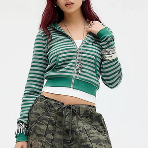 Sudadera Corta con Cierre y Capucha a Rayas, Verde y Blanca, Tejida, Ajustada, Unisex, Informal, para Otoño - Product Image 2