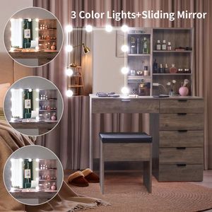 Set Toeletta dal Design Moderno con 6 Cassetti, 2 Ripiani, 3 Lampadine, Specchio e Armadietto in Legno Impiallacciato Triamine e Pannello MDF per Camera da Letto - Product Image 6