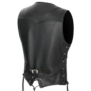 Men's <b>Black</b> PU Leather V-Neck Sleeveless <b>Vest</b> With Button Closure And Side Lacing Moto Biker Style Regular Fit Autumn Outerwear - Product Image 3