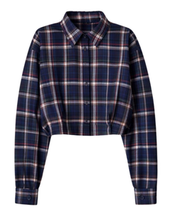 Chemisier court personnalisé bleu marine à carreaux pour femme, col rabattu, manches longues, boutonné, décontracté, fabrication sur mesure - Product Image 1