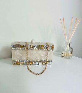 Luxury Resin Box Clutch with <b>Stones</b>, Crystals and Pearl Knob, Bridal Purse, Bridesmaid Bag, Evening Designer Handbag for Bride - Product Image 6