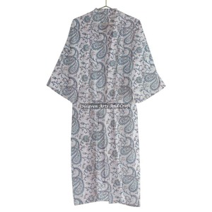 Albornoz de mujer con estampado de bloque de mano de algodón 100%, estilo envolvente, ropa de dormir de longitud completa para mujer, albornoces suaves con cinturón de corbata - Product Image 1