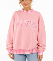 Pull personnalisé pour femme à col montant, motif pois et carreaux, avec appliqué, en molleton de coton oversize, style universitaire et scolaire, décontracté, pour l'hiver