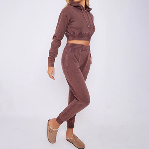 Premium Acid Wash Joggers Set for Women Custom Street Wear Patch Embroidery <b>Cropped</b> <b>Zip</b>-<b>up</b> Hoodie Tracksuits Winter Collection - Product Image 4