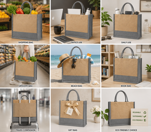 Sac de courses en toile grande taille gris avec poignée beige et anse supérieure pour les courses - Product Image 5