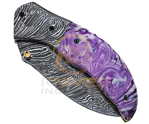 Cuchillo Plegable de Acero de Damasco de Venta Caliente con Mango de Resina Morada – Cuchillo de Bolsillo Táctico Personalizado para Caza - Product Image 3