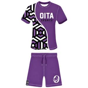 Conjunto de Camiseta y Pantalones Cortos de Rugby Geométricos en Morado, Negro y Blanco, Cuello Redondo, Manga Corta, Personalizable, Transpirable, para Entrenamiento Deportivo en Equipo - Product Image 1